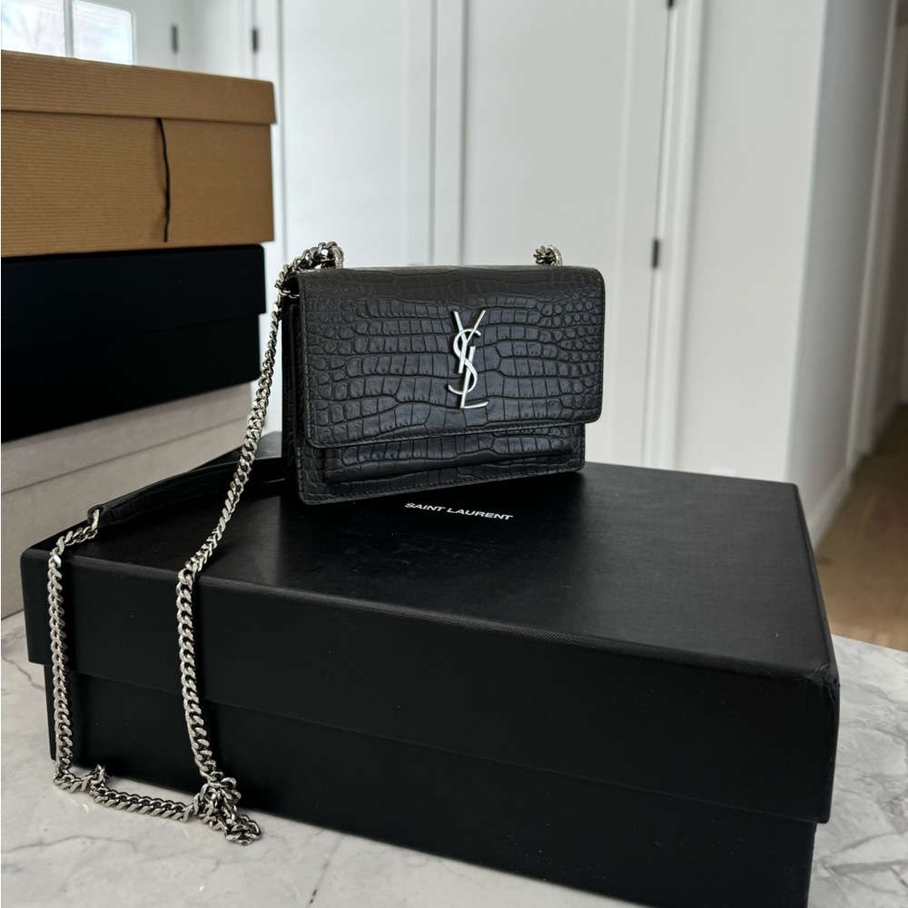 YSL GREY CROCODILE CROSS BODY BAG